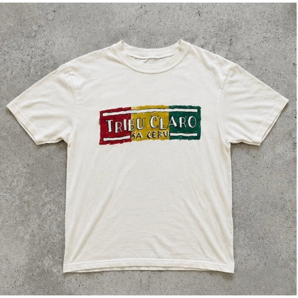 Vintage Y2K Tribu Claro Sa Cebu Double Sided Graphic T Shirt Cream Size Medium